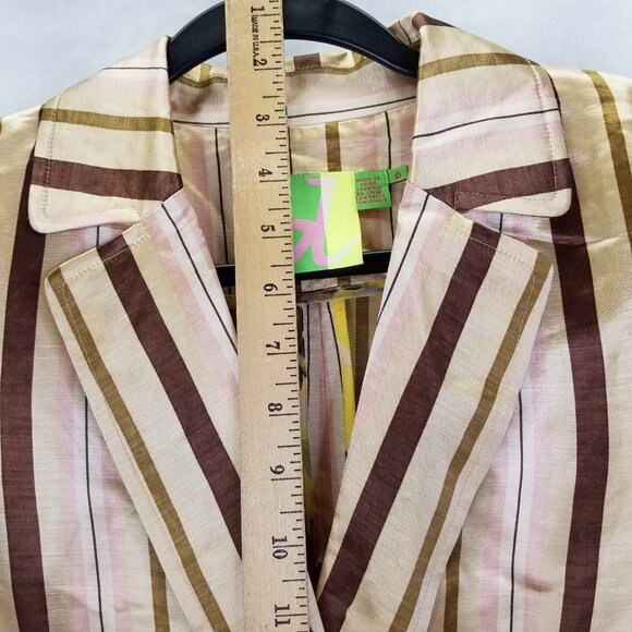 D.E.S. Jacket Women's Sz 6 Silk Linen Snap Wrap Front Striped Classic Blazer Tan - Picture 15 of 16